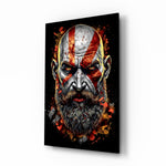 Kratos glass wall art displayed above a leather sofa in a man cave