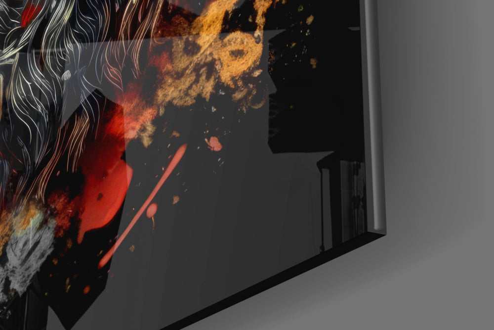 God-of-war artwork anchoring a wall with obsidian-and-scarlet palette