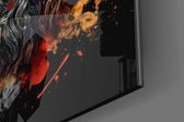 God-of-war artwork anchoring a wall with obsidian-and-scarlet palette