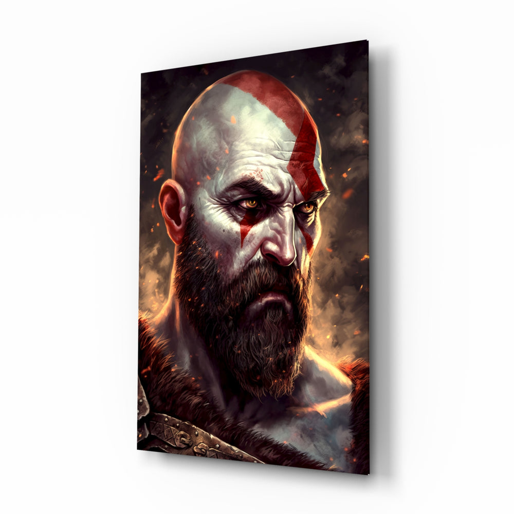 Kratos glass wall art displayed above a leather sofa in a man cave