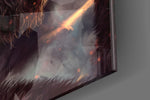 God-of-war artwork anchoring a wall with ember-and-charcoal palette