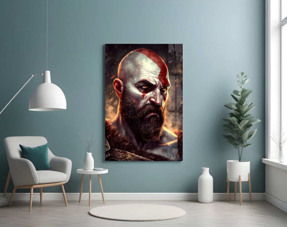 Kratos glass wall art styled above a sideboard in a media room