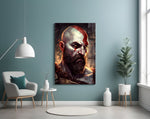 Kratos glass wall art styled above a sideboard in a media room