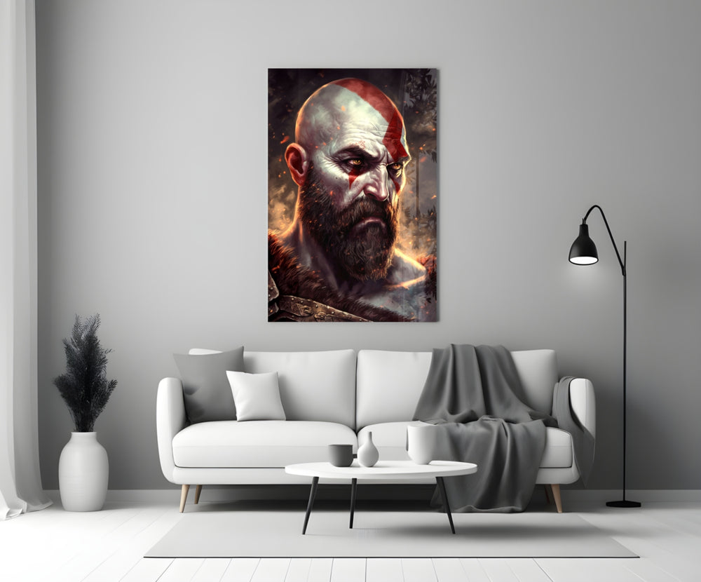 Kratos close-up showing fur pauldron and ember dust