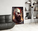 Kratos panel adding editorial drama to a hallway