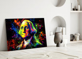 Benjamin Franklin close-up showing powdered wig and neon rim-light