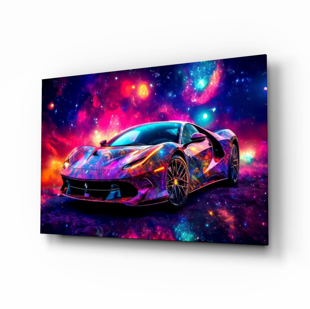 Ferrari glass wall art displayed above a leather sofa in a man cave