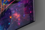Sports-car artwork anchoring a wall with nebula-and-chrome palette
