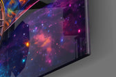 Sports-car artwork anchoring a wall with nebula-and-chrome palette