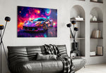 Ferrari glass wall art styled above a sideboard in a media room