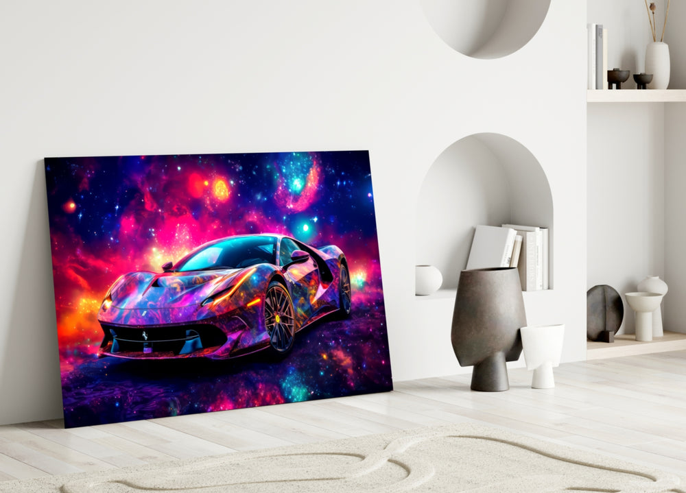 Ferrari close-up showing iridescent chrome and nebula clouds