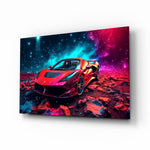 Ferrari glass wall art displayed above a leather sofa in a man cave