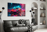 Ferrari glass wall art styled above a sideboard in a media room