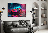 Ferrari glass wall art styled above a sideboard in a media room