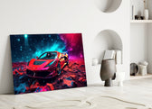 Ferrari close-up showing scarlet bodywork and cyan aurora