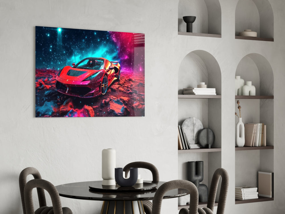 Ferrari panel adding editorial drama to a hallway