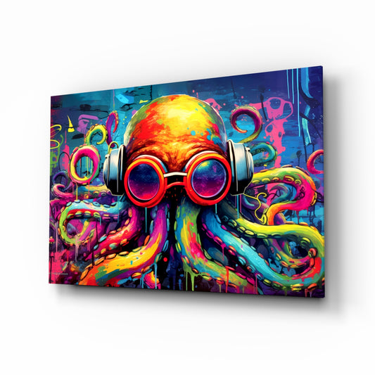 Octopus glass wall art displayed above a desk in a teen room
