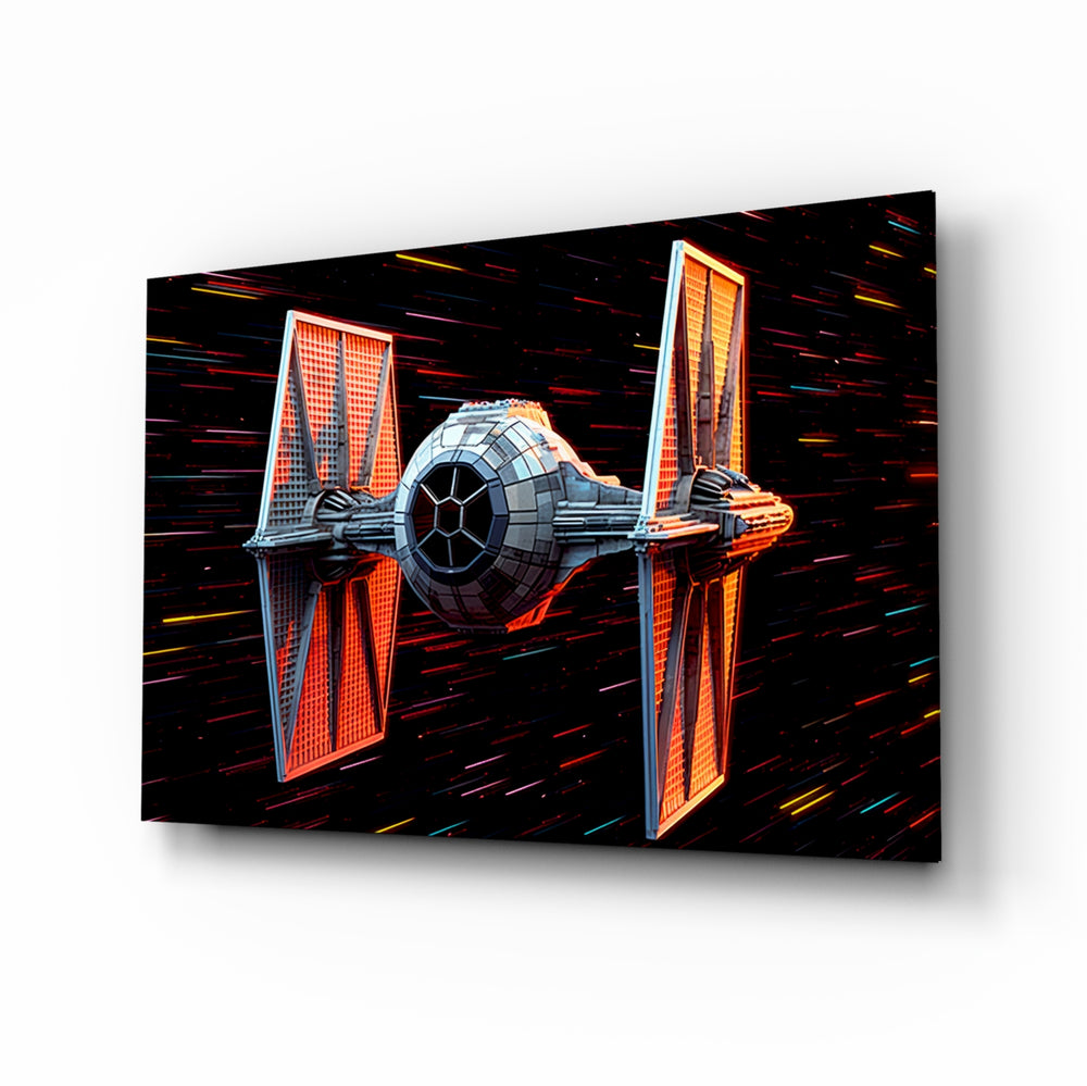 Tie Fighter glass wall art displayed above a leather sofa in a man cave