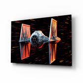 Tie Fighter glass wall art displayed above a leather sofa in a man cave