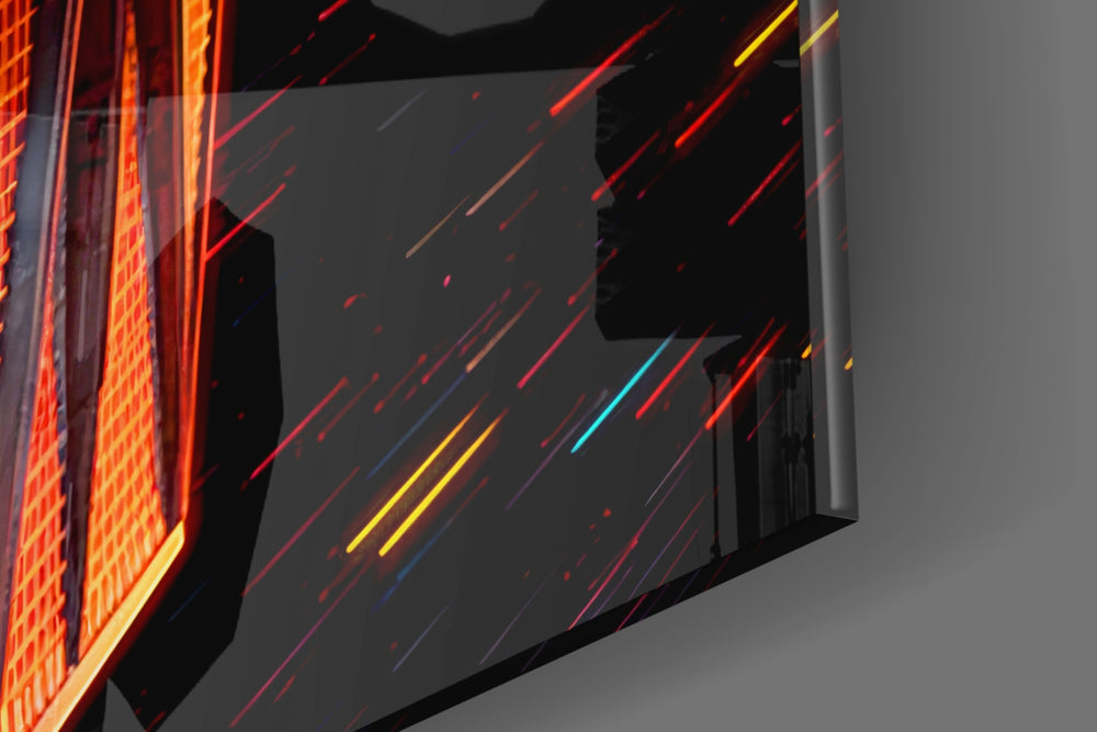 Sci-fi-spacecraft artwork anchoring a wall with charcoal-and-amber palette