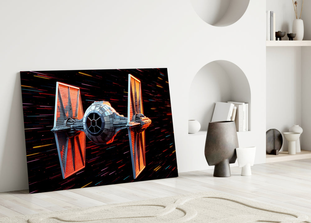 Tie Fighter close-up showing charcoal hull and amber solar panels
