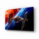 Tie Fighter glass wall art displayed above a leather sofa in a man cave