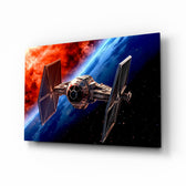 Tie Fighter glass wall art displayed above a leather sofa in a man cave