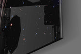 Sci-fi-spacecraft artwork anchoring a wall with scarlet-and-earth palette