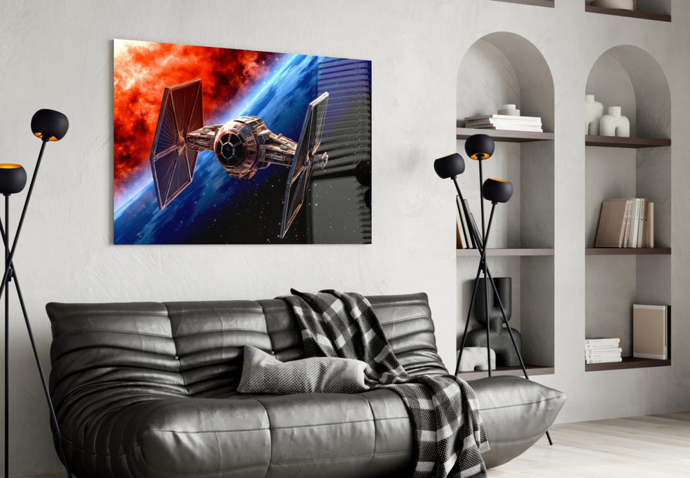 Tie Fighter glass wall art styled above a sideboard in a media room