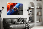 Tie Fighter glass wall art styled above a sideboard in a media room