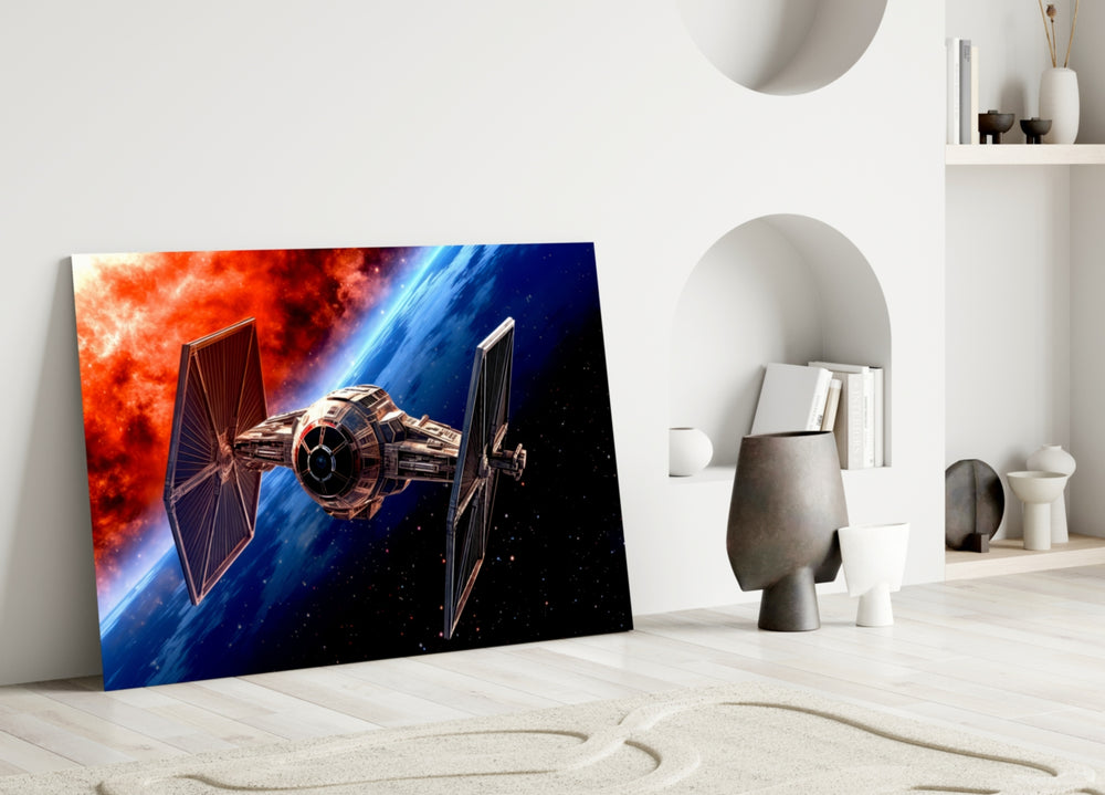 Tie Fighter close-up showing copper solar panels and scarlet nebula