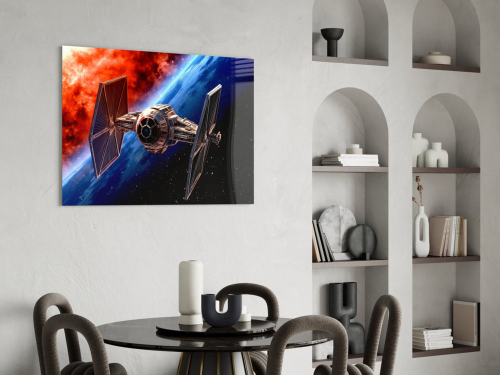 Tie Fighter panel adding editorial drama to a hallway