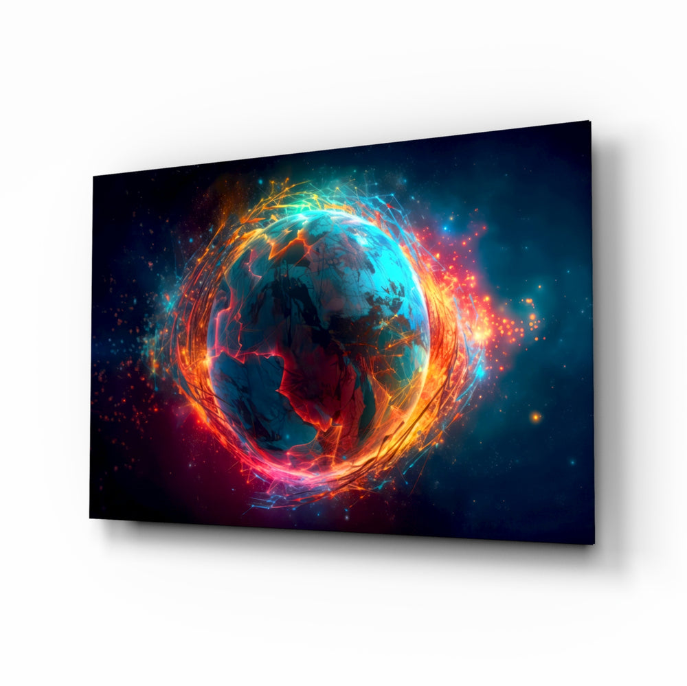 World glass wall art displayed above a leather chair in a study