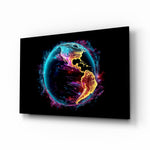 World glass wall art displayed above a leather chair in a study