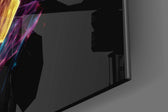 Planetary-tribute artwork anchoring a wall with amber-and-magenta palette