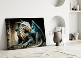 Dragon close-up showing frost-blue scales and crimson eyes
