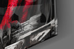 Fantasy-beast artwork anchoring a wall with scarlet-and-monochrome palette