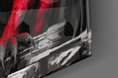 Fantasy-beast artwork anchoring a wall with scarlet-and-monochrome palette