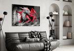 Dragon glass wall art styled above a sideboard in a media room