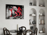 Dragon panel adding editorial drama to a hallway