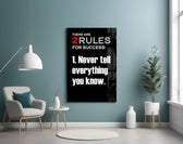 Rules of Success glass wall art styled above a sideboard in a startup workspace