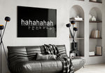 Laughter Analysis glass wall art styled above a sideboard in a media room
