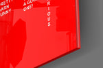 Typography artwork anchoring a wall with scarlet-field palette