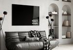 Keep It Simple glass wall art styled above a sideboard in a study