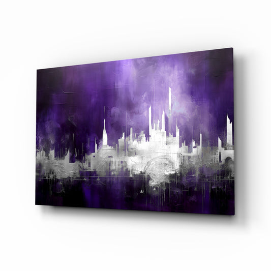 City Silhouette glass wall art displayed above a leather chair in a study