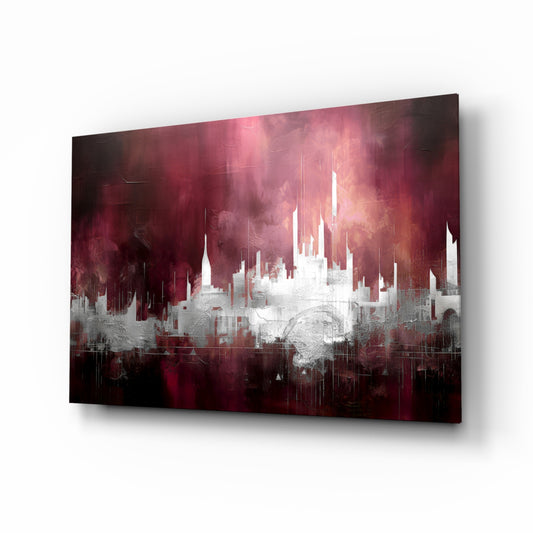 City Silhouette glass wall art displayed above a leather chair in a study