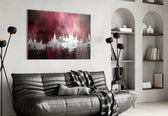 City Silhouette glass wall art styled above a sideboard in a media room