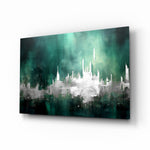 City Silhouette glass wall art displayed above a leather chair in a study