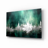 City Silhouette glass wall art displayed above a leather chair in a study