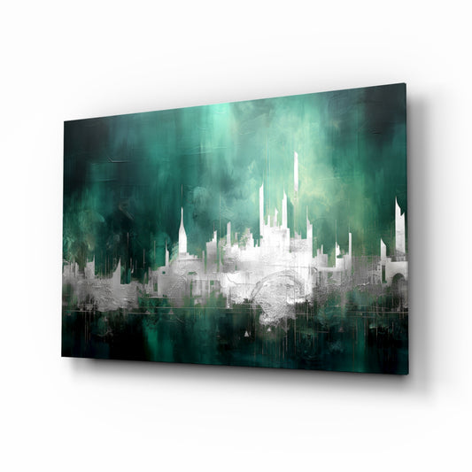 City Silhouette glass wall art displayed above a leather chair in a study